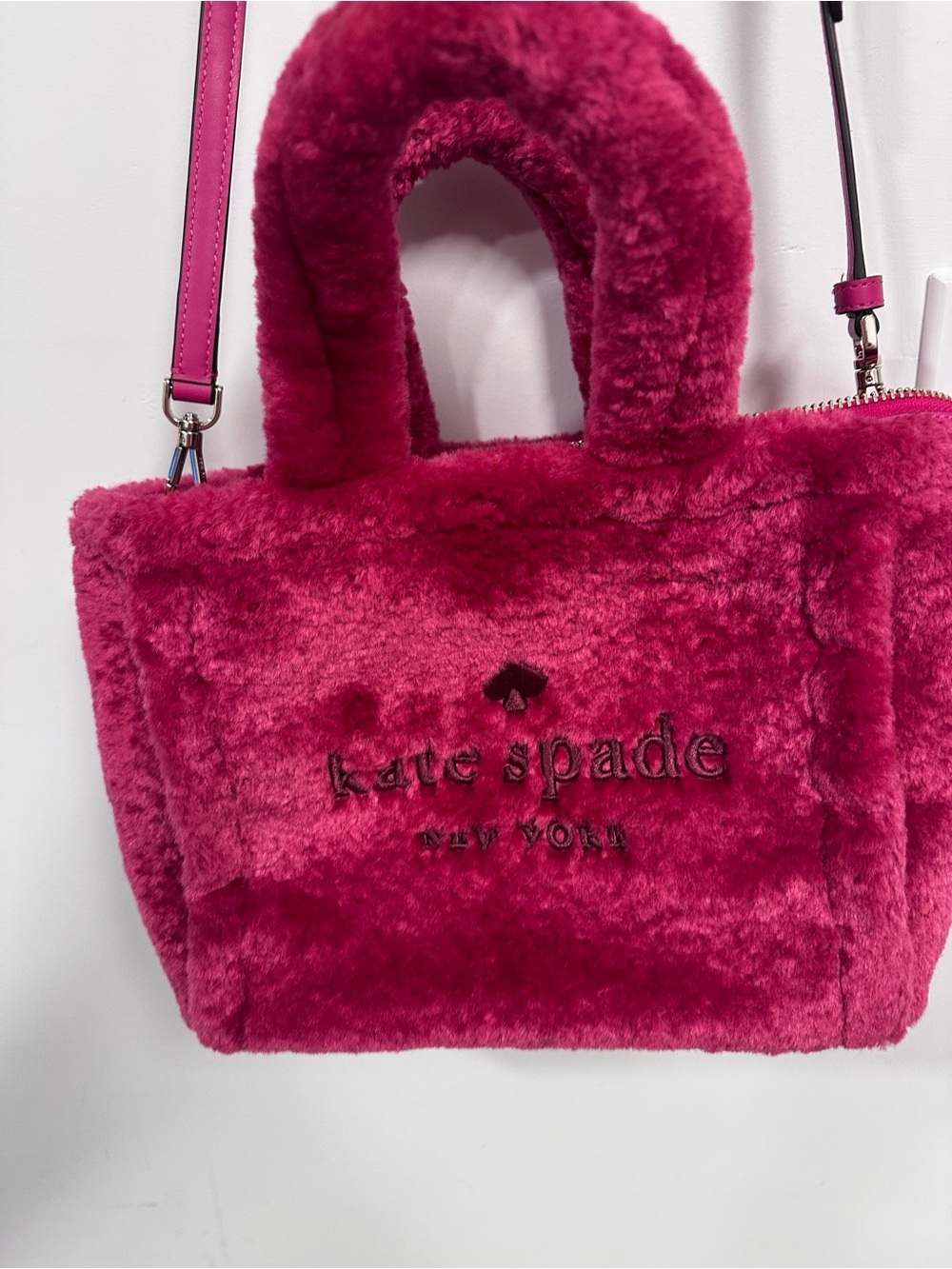 kate spade Faux-Shearling Mini Tote in Berry Pink